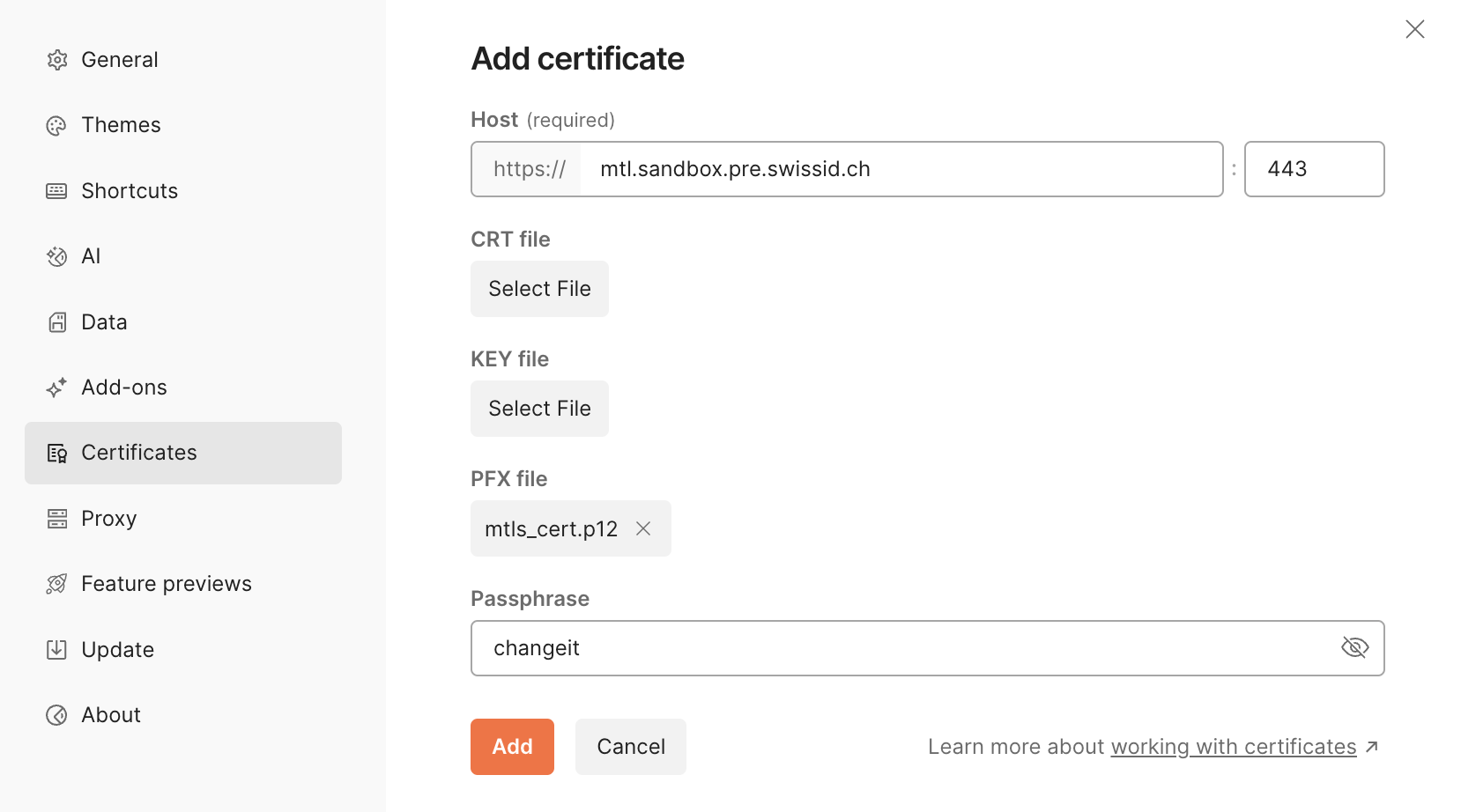 Postman mTLS certificate configuration